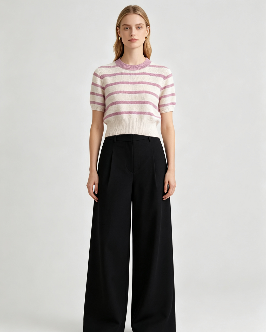 Striped Cashmere Short‑Sleeve Top
