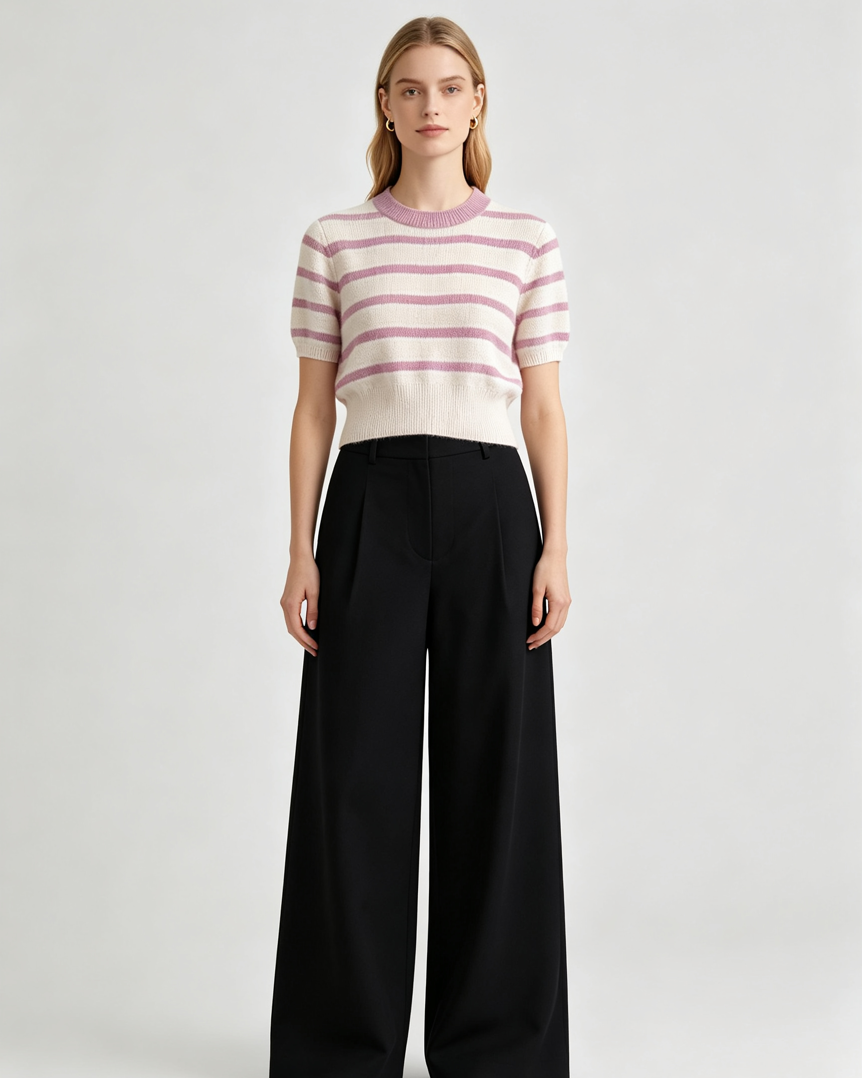 Striped Cashmere Short‑Sleeve Top