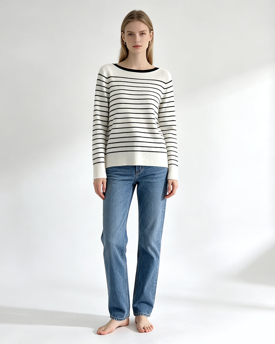Boat‑Neck Striped Knit Sweater