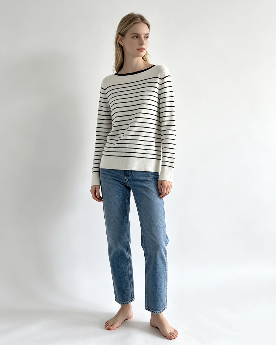 Boat‑Neck Striped Knit Sweater