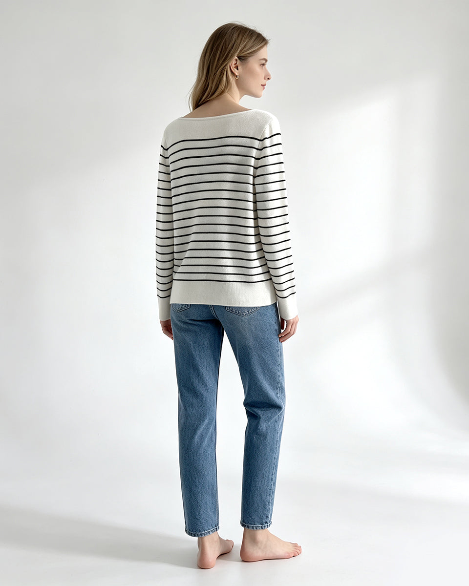 Boat‑Neck Striped Knit Sweater