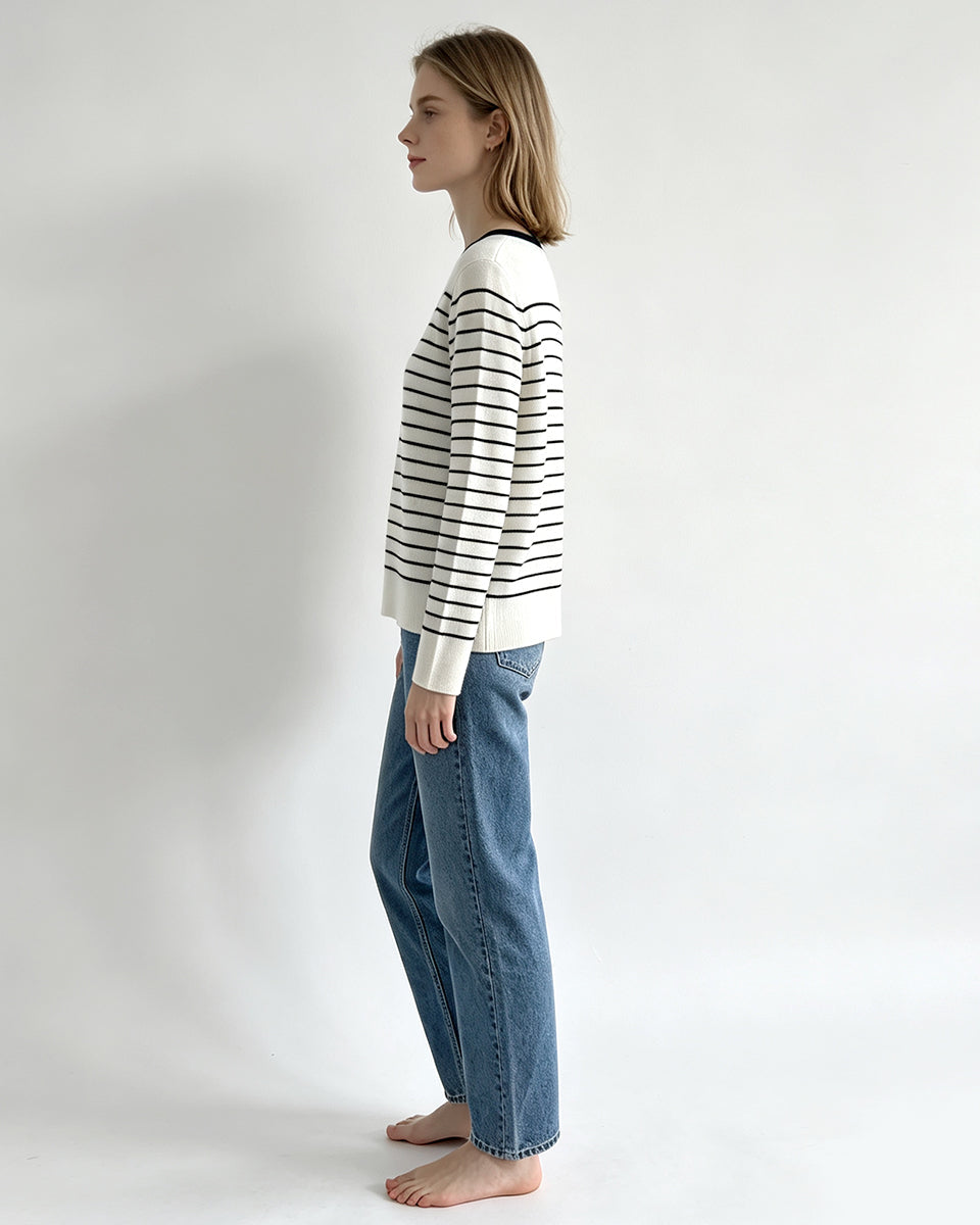 Boat‑Neck Striped Knit Sweater